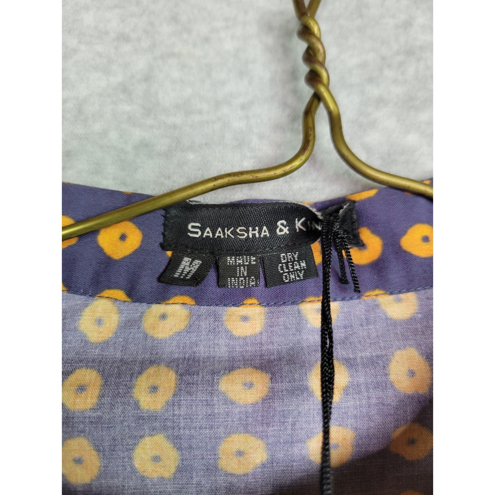 Saaksha & Kinni Indigo Gold Polka Dot Mandarin Collar Button Down Shirt Blouse M — image 4 of 8